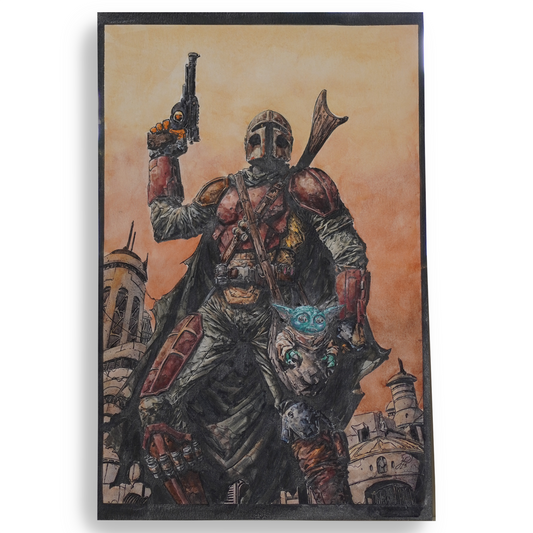 Mandalorian/Grogu painted sketchbook cover- Johnny Desjardins Original Art